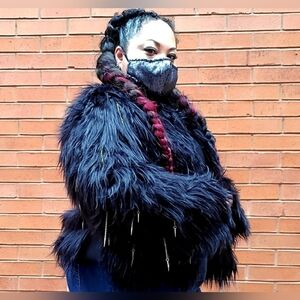 Black Faux Fur Coat With Spike and Chain Details